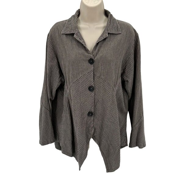 Mill Valley Linen Blend Lagenlook Gray Striped Button Long Sleeve Hobo Shirt S - Picture 1 of 7